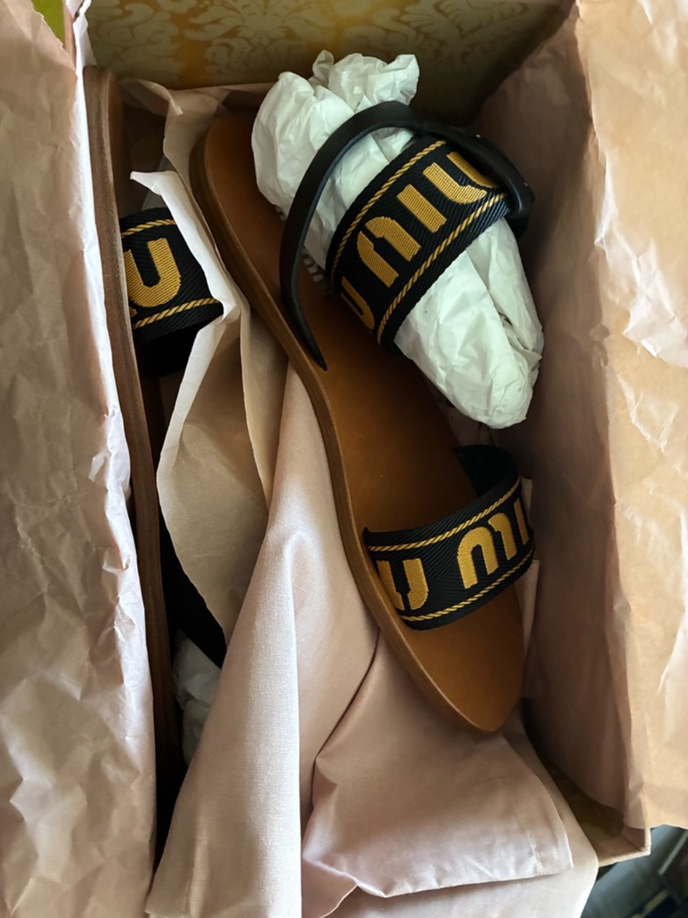 Miu Miu Black and Yellow Logo Webbing Flat Sandals - Picture 3 of 7
